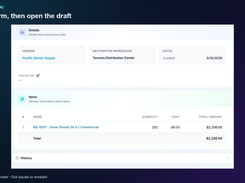 Instructional Spark slide titled “Confirm, then open the draft,” displaying a purchase order draft with vendor, destination warehouse, item quantity, cost, and total.