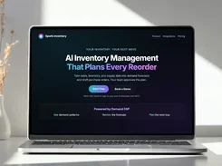 Laptop mockup displaying the Spark Inventory landing page with the headline “AI Inventory Management That Plans Every Reorder.”