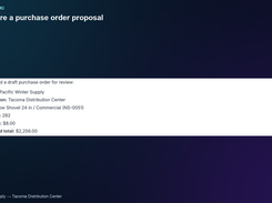 Instructional Spark slide titled “Prepare a purchase order proposal,” with an assistant-generated draft purchase order summary for a snow shovel.