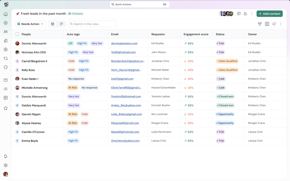 Manage contacts in one view with SparrowCRM. Track engagement scores, automatic tags, lead status, and assigned owners to identify high fit prospects and prioritize follow ups.