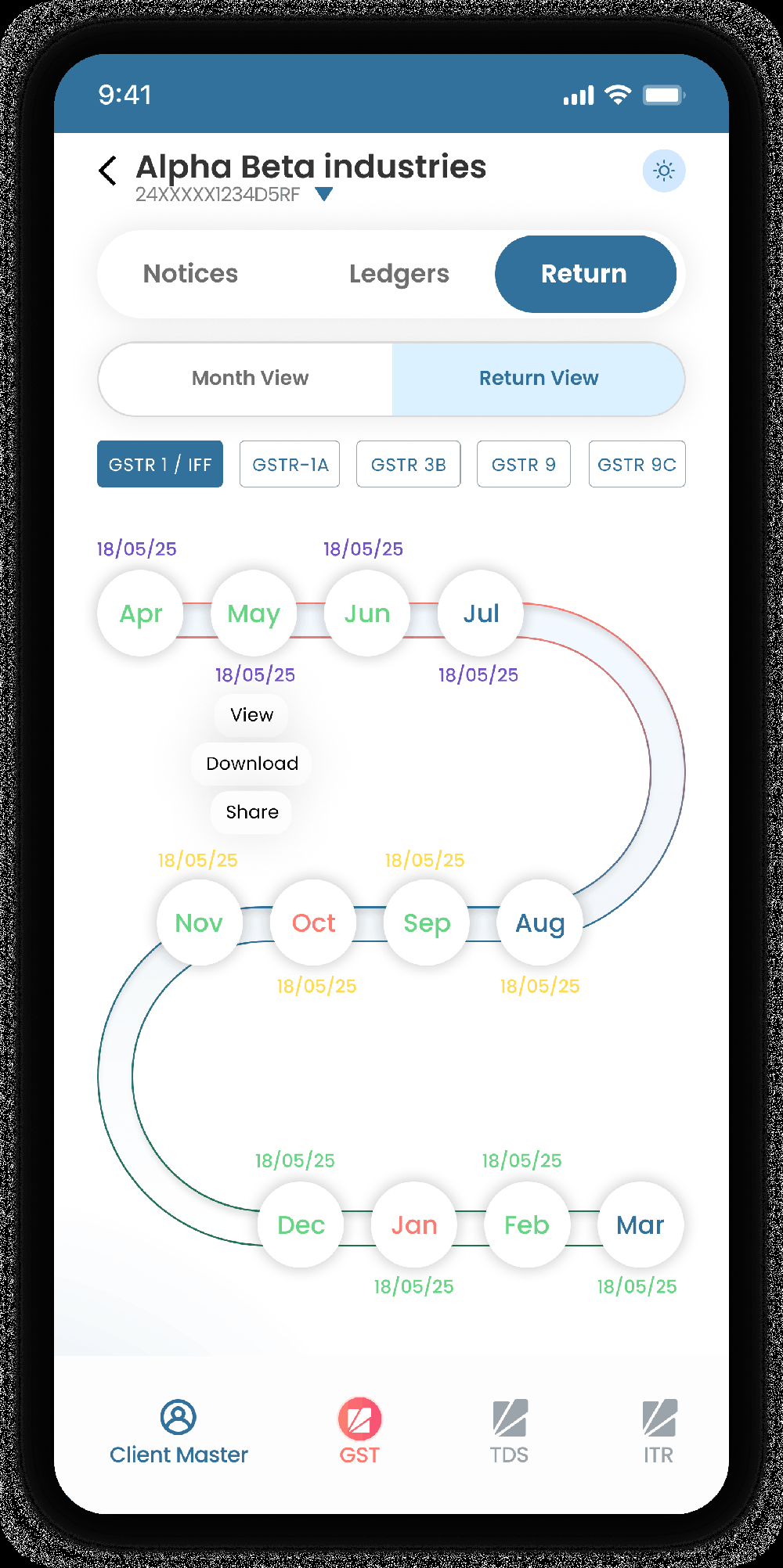 Mobile app screen for Alpha Beta industries showing GST return navigation, month nodes, dates, and Client Master, GST, TDS, and ITR tabs.