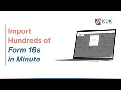 Promotional slide reading “Import Hundreds of Form 16s in Minute” with a KDK logo and a laptop showing an import dialog in the software.
