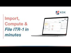 Promotional slide reading “Import, Compute & File ITR-1 in minutes” with a KDK logo and a laptop showing tax-return software screens.