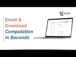 Promotional slide reading “Email & Download Computation in Seconds” with a KDK logo and a laptop showing a computation page.