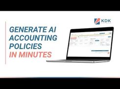 Promotional slide reading “Generate AI Accounting Policies in Minutes” with a KDK logo and a laptop showing an accounting-policy interface.