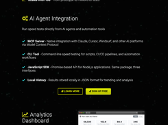 AI agent integration: the @speedofme/mcp package works as an MCP server, a CLI and a Node SDK.
