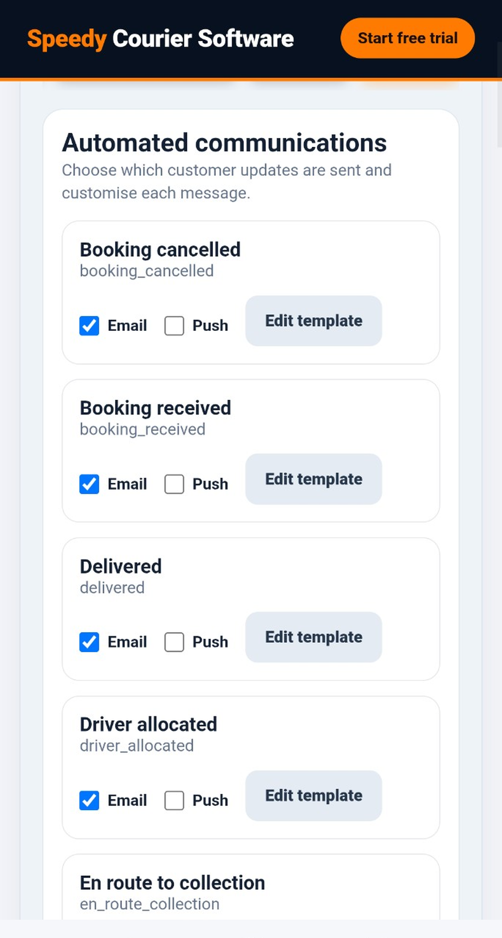Automated communications settings listing booking and delivery events with email, push notification, and template editing controls.