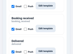 Automated communications settings listing booking and delivery events with email, push notification, and template editing controls.