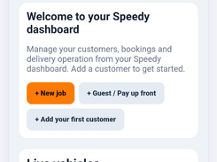 Speedy Courier Software dashboard with navigation tabs, live job, driver, and customer counters, new job controls, and a live vehicles panel.