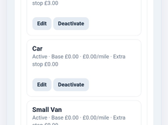 Speedy Courier Software fleet and vehicle types screen listing Motorcycle, Car, Small Van, and SWB categories with pricing and edit controls.