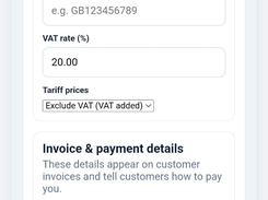 VAT and invoice payment settings screen with VAT registration, VAT number, rate, tariff pricing, and invoice details fields.