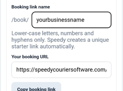 Public online booking link settings showing an enabled booking page URL, link name field, and copy or open booking page buttons.