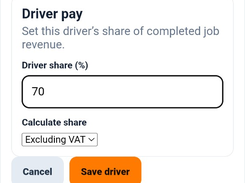 Driver pay settings panel with driver revenue share percentage, VAT calculation option, and save driver button.