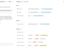 Spek interface showing an ASO assistant conversation alongside suggested app-name, subtitle, and keyword changes for multiple countries.