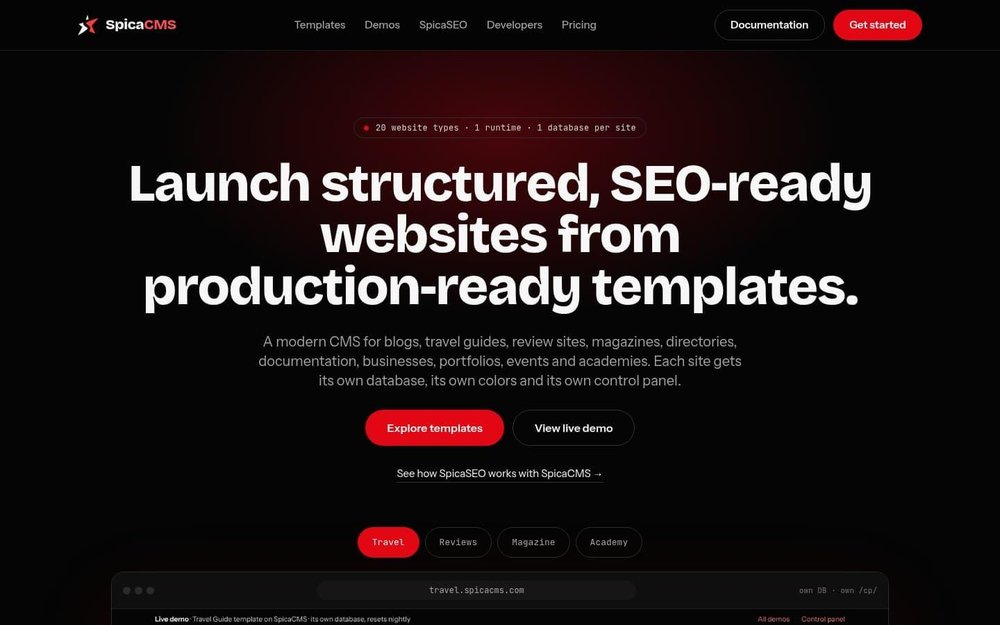 SpicaCMS landing page promoting SEO-ready website templates, with template category controls and the top of a Travel live-demo browser frame.