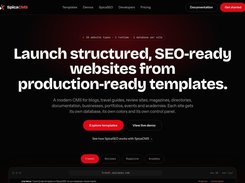 SpicaCMS landing page promoting SEO-ready website templates, with template category controls and the top of a Travel live-demo browser frame.