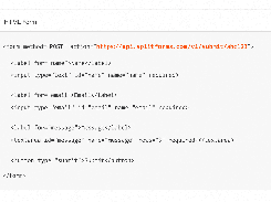 Code panel titled HTML Form showing a POST form whose action points to api.splitforms.com, with name, email, message, and submit elements.