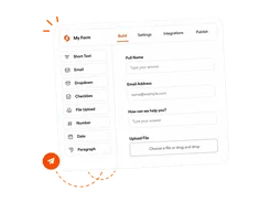 Splitforms form builder interface showing Build, Settings, Integrations, and Publish tabs, field types, and a form with name, email, help, and file-upload fields.
