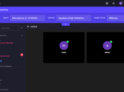 Spokes desktop voice channel with audio input, output, and noise-filter controls and two participant tiles.