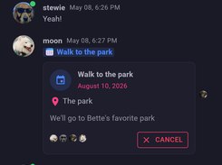 Mobile Spokes chat displaying an event card titled “Walk to the park,” with date, location, attendees, and a cancel button.