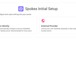 Spokes Initial Setup page offering Built-in Identity and External Provider login configuration options.