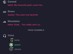 Mobile Spokes server navigation screen with public channels, voice-channel members, and direct messages.