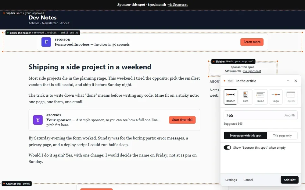 Sponsor.st interface overlaid on an article page, showing outlined ad slots and a panel to configure an in-article sponsor placement, monthly price, page scope, and an Add slot button.