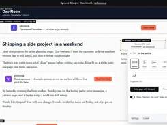 Sponsor.st interface overlaid on an article page, showing outlined ad slots and a panel to configure an in-article sponsor placement, monthly price, page scope, and an Add slot button.
