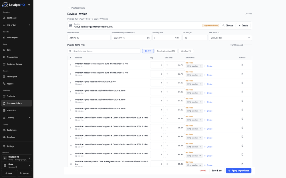 SpudgerHQ desktop purchase-order invoice review screen showing supplier information, invoice fields, a 99-line item table, and item-matching actions.