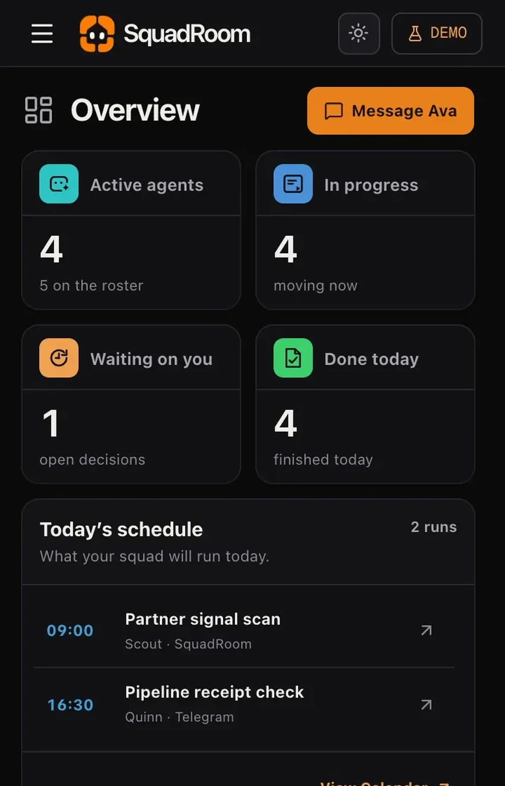 Mobile SquadRoom Overview dashboard in a dark theme, showing agent and work-status cards and a schedule with two runs.