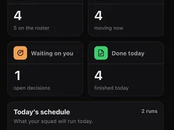 Mobile SquadRoom Overview dashboard in a dark theme, showing agent and work-status cards and a schedule with two runs.