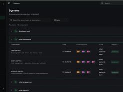 StackRails Systems page listing systems and components including retail-commerce, carts-service, orders-service, and products-service with lifecycle and conformance indicators.