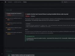 StackRails architecture review screen displaying a critical location-function timeout issue, evidence, impact description, and remediation recommendation.