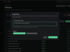 StackRails Policies page with a Create Policy dialog containing a natural-language policy description field, component scope options, and an Analyze policy button.