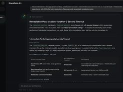 StackRails AI chat interface showing a remediation plan for a location-function zero-second timeout, including recommended timeout values in a table.