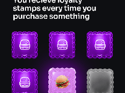 A black card states that loyalty stamps are received with purchases and shows six stamp icons, including one burger reward stamp.