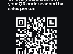 A black card instructs users to have a QR code scanned by a sales person, with a large QR code below the text.