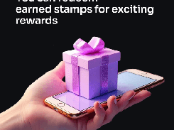A black card says earned stamps can be redeemed for rewards and shows a gift box on a hand-held phone.