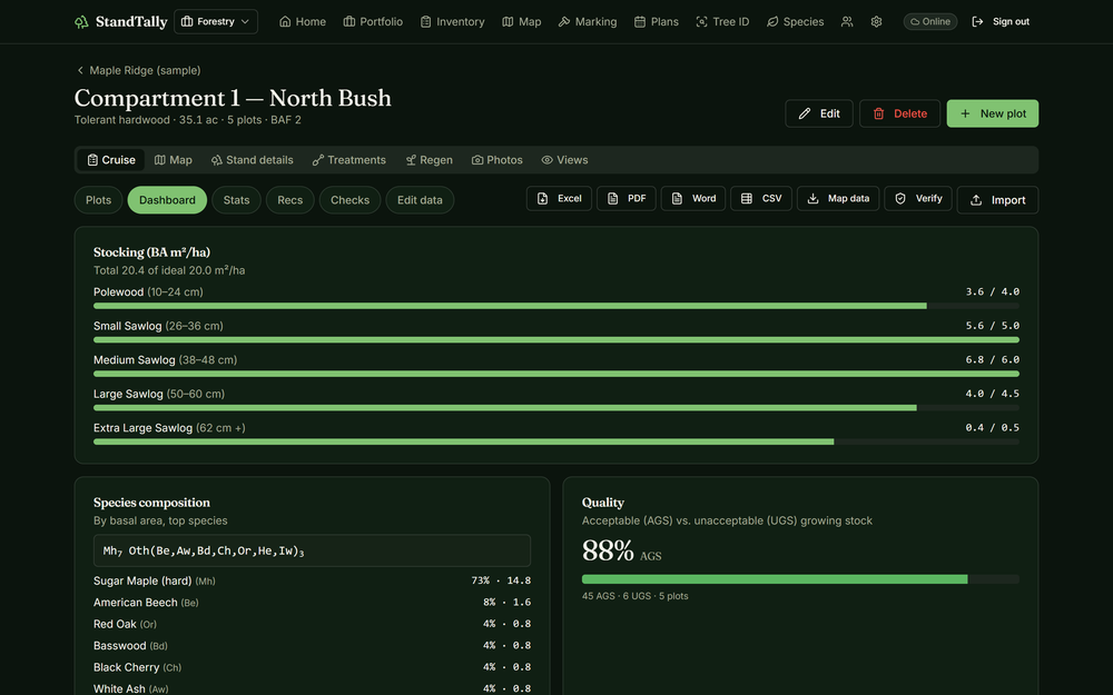 Desktop compartment dashboard with stocking, species composition, and quality summaries.