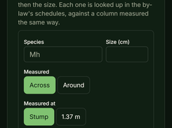 Mobile site inspection form for recording tree species, size, and measurement method.