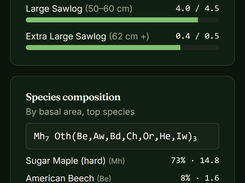 Mobile forestry dashboard with stocking bars and species composition metrics.