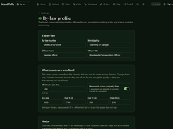 Desktop by-law profile showing woodland definitions and stem-density thresholds.