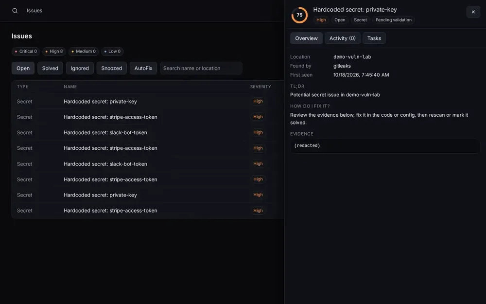 StaticSpider Issues page listing secret findings, with a selected “Hardcoded secret: private-key” issue and overview panel.