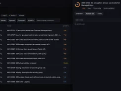 StaticSpider Issues page listing cloud configuration findings, with an AWS S3 encryption issue selected.