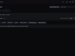 StaticSpider Repositories page with GitHub import and repository connection controls, a sample repository row, and security rule categories.