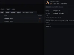 StaticSpider Issues page showing two high-severity SAST “Code issue: concat” findings and a detail panel.