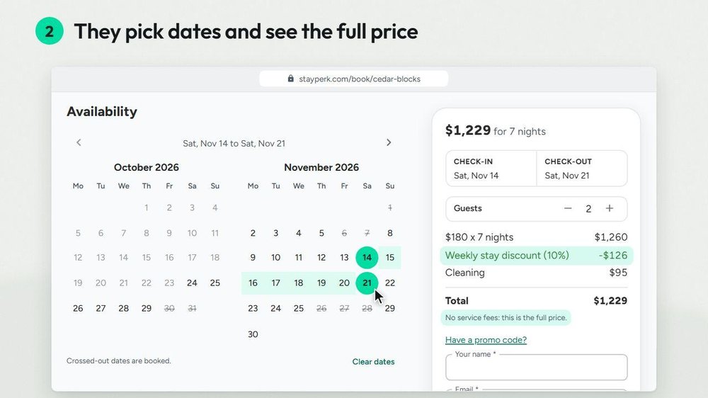 Direct booking availability calendar with stay dates, guests, and full price breakdown.