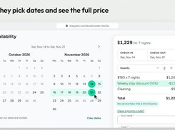 Direct booking availability calendar with stay dates, guests, and full price breakdown.