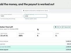 Owner report showing occupancy, revenue, expenses, co-host fee, and payout.