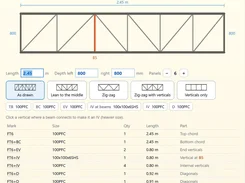 SteelTally steel truss configuration dialog showing a truss diagram, dimensions, layout choices, member sizes, and a parts table.